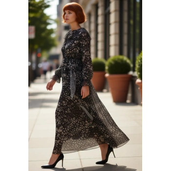 Kadınlar İçin Dokuma Şifon Çiçekli Maxi Elbise Balon Kollu Astarlı Günlük Şıklık Sunar Kaliteli