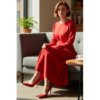 Kadınlar İçin Düz Desen Kırmızı Dokuma Maxi Elbise Skater Kalıp Uzun Kol Bisiklet Yaka Şıklığı