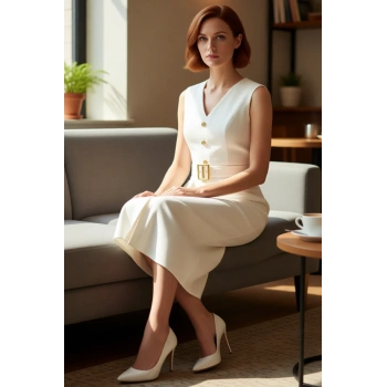 Kadınlar İçin Düz Desenli Bodycon Siluet Kolsuz Midi Dokuma Elbise V Yaka ve Kemerli Tasarım