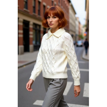 Kadınlar İçin Ekru Casual Gömlek Yaka Saç Örgü Desenli Regular Triko Kazak Sonbahar Kış Kaliteli