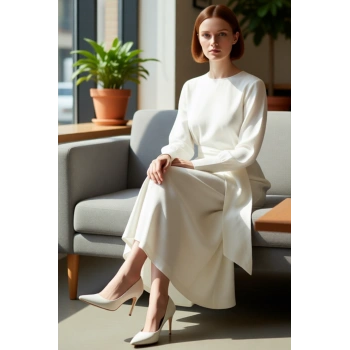 Kadınlar İçin Ekru Kuşak Detaylı Bisiklet Yaka Uzun Kollu Dokuma Maxi Shift Elbise Günlük Konfor