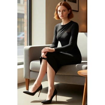 Kadınlar İçin Fashion Forward Örme Midi Elbise Bodycon Kalıp Uzun Kol Bisiklet Yaka Şık Kışlık