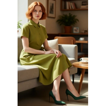 Kadınlar İçin Gofre Dokuma Gömlek Yaka Midi Elbise Rahatlığı Ve Şıklığı Birleştirir Kaliteli