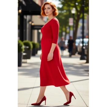 Kadınlar İçin Havuz Yaka Truvakar Kol A Line Midi Boy Triko Elbise Fitilli Tasarımıyla Şık