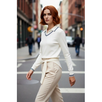 Kadınlar İçin İlkbahar Sonbahar Polo Yaka Triko Kazak Renk Bloklu İnce Yapı Rahat Kesim Kaliteli