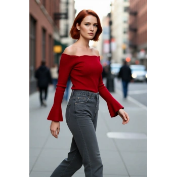 Kadınlar İçin İnce Fitted Carmen Yaka Akrilik Triko Kazak Uzun Kollu Düz Fitilli Tasarım Modelleri