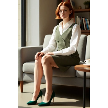 Kadınlar İçin Kadife Jile Elbise Haki Renk Kolsuz Kare Yaka Casual Cool Comfort Kış Modası