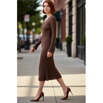 Kadınlar İçin Kahverengi Düz Maxi A line V Yaka Uzun Kollu Triko Elbise Günlük Şıklık Kaliteli
