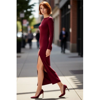 Kadınlar İçin Kayık Yaka Uzun Kollu Maxi Boy Sırt Dekolteli Şık Bodycon Örme Elbise Kaliteli