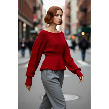 Kadınlar İçin Kışlık Akrilik Selanik Örgü Kayık Yaka Balon Kol Rahat Crop Triko Kazak Gündüz Gece