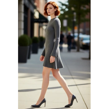 Kadınlar İçin Kışlık Gri A Line Kesim Fitilli Triko Mini Elbise Bisiklet Yaka Uzun Kollu Şıklık