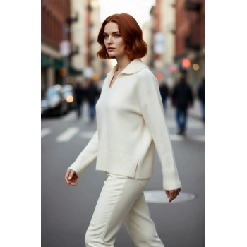 Kadınlar İçin Kışlık Oversize Basic Triko Kazak Polo Yaka Düşük Kol Yumuşak Dokusuyla Konfor Sunar