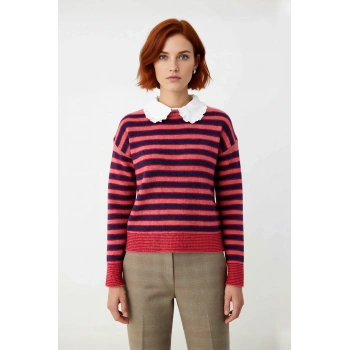 Kadınlar İçin Kışlık Renk Bloklu Triko Kazak Çıkarılabilir Yaka Detaylı Uzun Düşük Kollu Rahat Kalıp