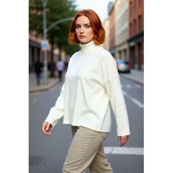 Kadınlar İçin Kışlık Şıklık Sunan Düz Düşük Kol Balıkçı Yaka Akrilik Geniş Kalıp Triko Kazak