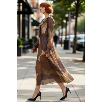 Kadınlar İçin Kışlık Uzun Kollu Fırfırlı V Yaka Soyut Desenli Köpük Dokuma Maxi Elbise Stili.