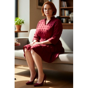 Kadınlar İçin Konforlu A line Bordo Dokuma Dokulu V Yaka Mini Elbise İlkbahar Ve Sonbahar.