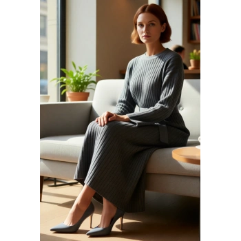 Kadınlar İçin Konforlu Bisiklet Yaka A Line Kuşaklı Triko Maxi Elbise Düz Desen Kışlık Günlük Stil