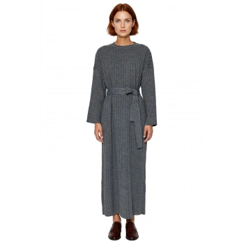 Kadınlar İçin Konforlu Bisiklet Yaka A Line Kuşaklı Triko Maxi Elbise Düz Desen Kışlık Günlük Stil