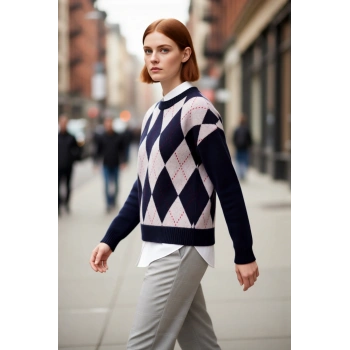 Kadınlar İçin Konforlu Oversize Baklava Desenli Düşük Kol Triko Kazak Kış Stilinin Gözdesi