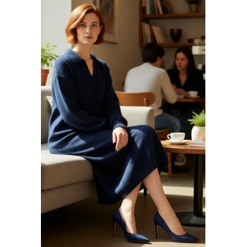 Kadınlar İçin Konforlu Shift Kalıp Triko Elbise Midi Boy Polo Yaka Uzun Kollu Kışlık Casual Şıklık