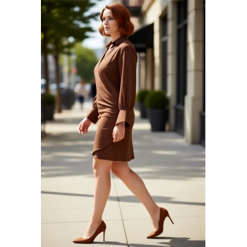 Kadınlar İçin Kruvaze Dokuma Mini Elbise Standart Kol Uzun Kollu Şık Kahverengi Düz