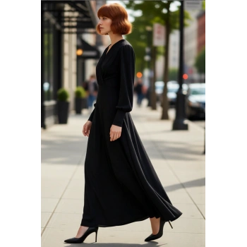 Kadınlar İçin Kruvaze Yaka Balon Kol Düz Desen Maxi Örme Elbise Akışkan Kış Şıklığı Sunuyor