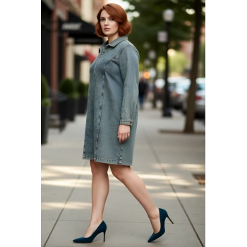Kadınlar İçin Mavi Denim Shift Kalıp Gömlek Yaka %100 Pamuk Uzun Kollu Mini Elbise Kaliteli