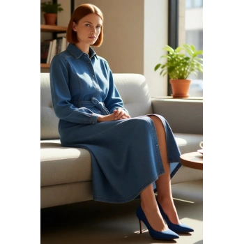 Kadınlar İçin Mavi Gömlek Yaka A Line Kemerli Maxi Denim Elbise %100 Pamuklu Günlük Şıklık