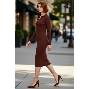 Kadınlar İçin Midi Boy Uzun Kollu Bodycon Triko Elbise Polo Yaka Fitilli Tasarım Şıklığı Sağlar.