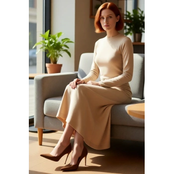 Kadınlar İçin Modern Örme Ribana Elbise Bisiklet Yaka Uzun Kollu Maxi Boy Düz Kesim Astarsız Şıklık