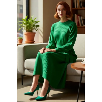 Kadınlar İçin Modern Triko Elbise Kuşaklı Shift Kalıp Uzun Balon Kol Tesettür Stili Kaliteli