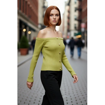 Kadınlar İçin Omuz Açık Fitted Kalıp Akrilik Uzun Kollu Fitilli Triko Bluz Şıklığı Kaliteli