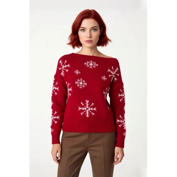 Kadınlar İçin Oversize Kayık Yaka Triko Kar Taneli Kışlık Akrilik Şık Kazak Modeli Kaliteli