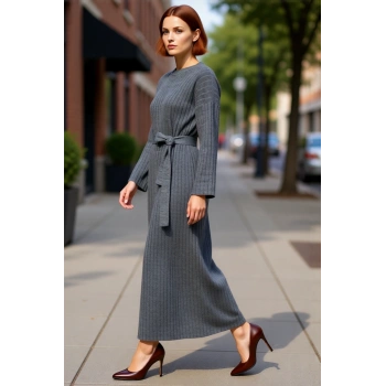 Kadınlar İçin Özel Triko Ribana Kuşaklı Maxi Elbise Düz Desenli Uzun Düşük Kollu Kışlık Şıklık