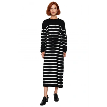 Kadınlar İçin Rahat Shift Kalıp Çizgili Triko Maxi Elbise Düşük Kol Düğmeli Kışlık Günlük Şıklık