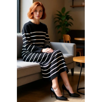 Kadınlar İçin Rahat Shift Kalıp Çizgili Triko Maxi Elbise Düşük Kol Düğmeli Kışlık Günlük Şıklık