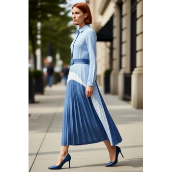 Kadınlar İçin Renk Bloklu Maxi Gömlek Elbise Keten Görünümlü Dokuma Uzun Kollu Şıklık Kaliteli