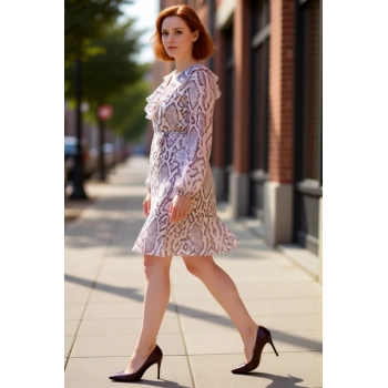 Kadınlar İçin Şifon Dokuma Animal Desenli V Yaka Volanlı Beli Bağlamalı Mini Elbise Kaliteli