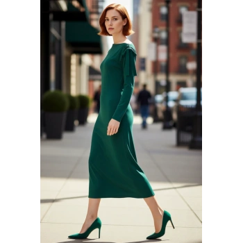 Kadınlar İçin Şık Düşük Kol Uzun Boy Midi A Kesim Örme Sandy Kumaş Bağlama Detaylı Asimetrik Yaka