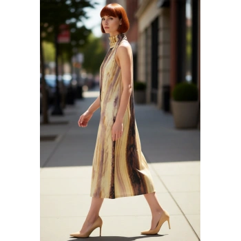 Kadınlar İçin Şık Shift Kalıp Kolsuz Maxi Saten Dokuma Elbise Halter Yaka Soyut Desen Yazlık Konfor