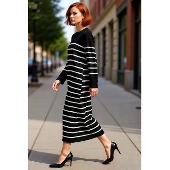 Kadınlar İçin Siyah Çizgili Bisiklet Yaka Düşük Kol Düğme Detaylı Triko Maxi Elbise Kış Kombinleri