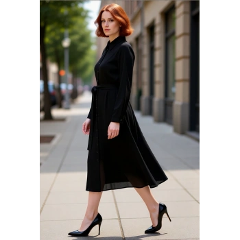 Kadınlar İçin Siyah Dokuma Kuşak Detaylı Midi Boy Gömlek Elbise Şık ve Rahat Bir Seçim Kaliteli