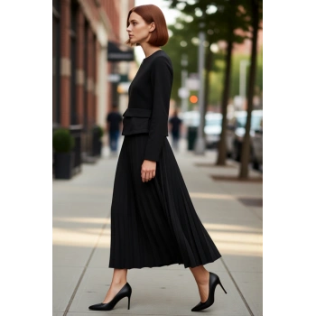 Kadınlar İçin Siyah Maxi Piliseli Fermuar Detaylı Dokuma Elbise İş Ve Ofis Şıklığı Sunar Kaliteli