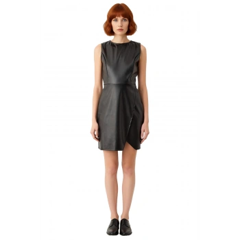 Kadınlar İçin Siyah Suni Deri Anvelop Mini Elbise Bisiklet Yaka Kolsuz Tasarım Güncel Şık Görünüm