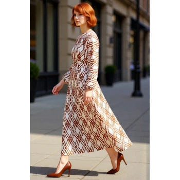 Kadınlar İçin Skater Kalıp Geometrik Desen Balon Kol Maxi Boy Kemerli Dokuma Crinkle Kumaş Elbise