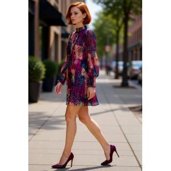 Kadınlar İçin Soyut Desenli Şifon Dik Yaka Balon Kol Mini Elbise İlkbahar Şıklığına Zarif Dokunuşlar
