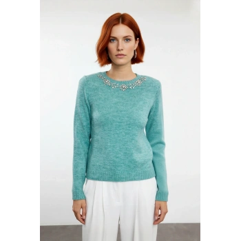 Kadınlar İçin Taş Detaylı Şık Bisiklet Yaka Regular Kalıp İnce Triko Uzun Kollu Kazak Kaliteli