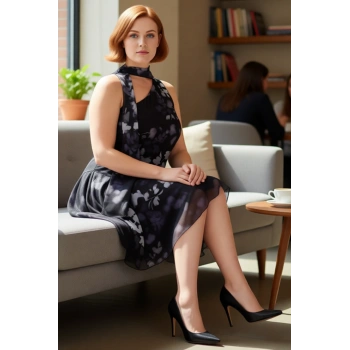 Kadınlar İçin Trend Çiçek Desenli Kolsuz Mini Elbise Şifon Dokuma Kumaş Boyundan Bağlama Detaylı