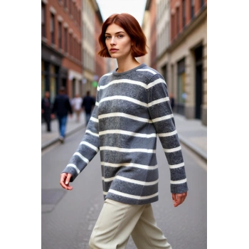 Kadınlar İçin Triko Çizgili Düşük Kol Rahat Bisiklet Yaka Tesettür Giyim Kışlık Günlük Kazak