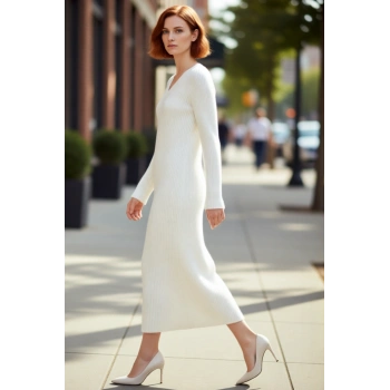 Kadınlar İçin V Yaka Maxi Boy Triko Elbise Uzun Kollu Rahat Shift Kalıp Kışlık Günlük Şıklık